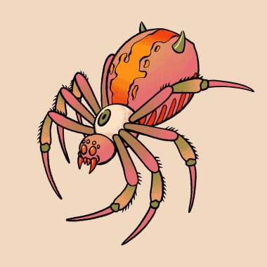 Korku çizgi film tarzında boynuzları ve dişleri olan gelecekteki mutant örümcekler, sıcak tonlar, bej arka planda izole edilmiş retro komik gölgeler..