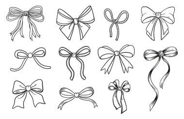 Elle çizilmiş siyah beyaz kurdele seti skeç tarzında. Dekoratif vintage yay koleksiyonu beyaz arkaplanda izole edildi.