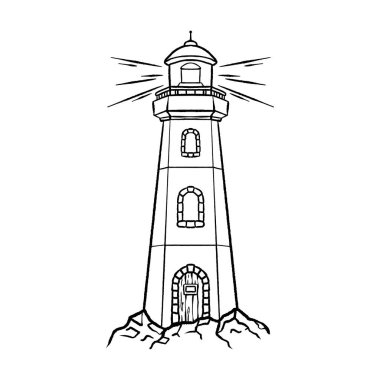 El çizimi siyah-beyaz deniz feneri, ışık huzmeleri ve kayalık tabanlı, klasik mürekkep çizgisi sanat tarzı, beyaz arka planda izole edilmiş..