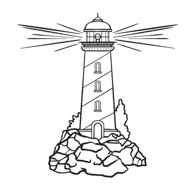 Siyah çizgili deniz feneri çizimi, parlak kirişli kayalar üzerinde geleneksel elle çizilmiş dövme, beyaz arka planda izole edilmiş..