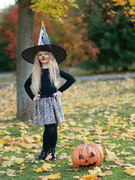 Küçük Kız Cadılar Bayramı Parkta Kutluyor — Stok fotoğraf