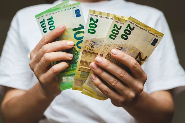 Conteggio Del Denaro Banconote Euro Mano Risparmio Scambio Denaro — Foto Stock