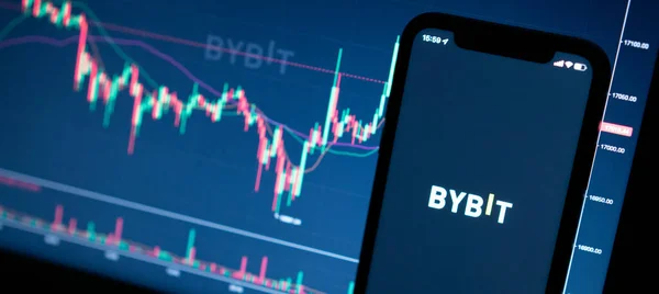 Kripto döviz borsası Bybit logosu akıllı telefon ekranında kripto şemasına karşı.