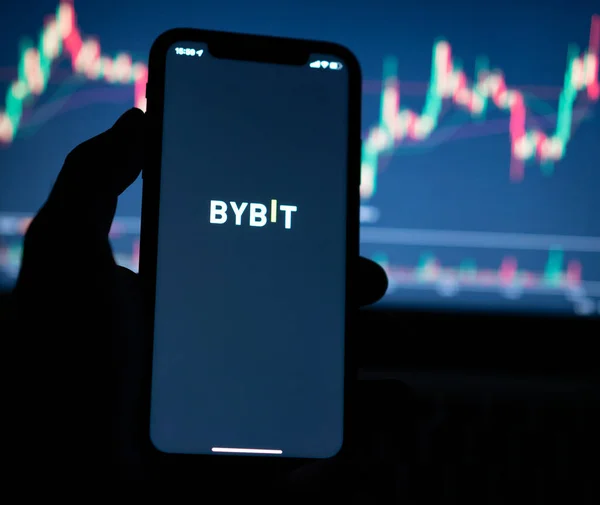 Kripto döviz borsası Bybit logosu akıllı telefon ekranında kripto şemasına karşı.