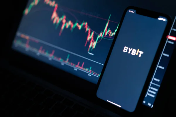 Kripto döviz borsası Bybit logosu akıllı telefon ekranında kripto şemasına karşı.