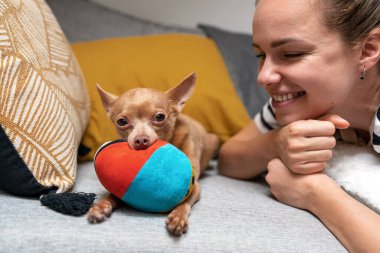 Yakın plan portre kadın hayvan sahibi ve küçük köpeği Oyuncak Terrier..