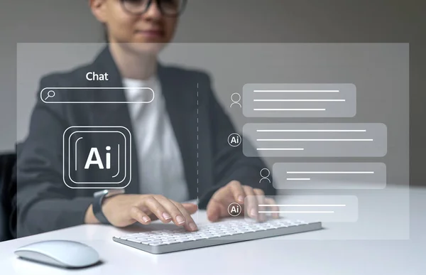 Kadın bilgisayarını kullanarak sohbet Ai 'sini kullanarak bilgi arıyor. Yapay zeka.