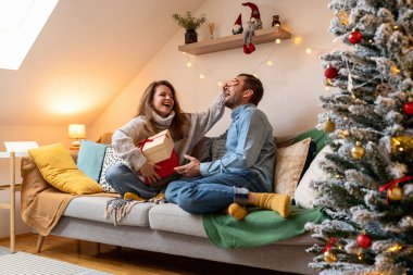 Noel hediyeleri. Ver ve şaşırt. Genç bir kadın kocasına Noel hediyesi verir. Sevilenler.