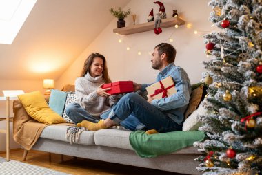 Erkek ve kadın evdeki kanepede otururken birbirlerine Noel hediyesi kutuları veriyorlar..