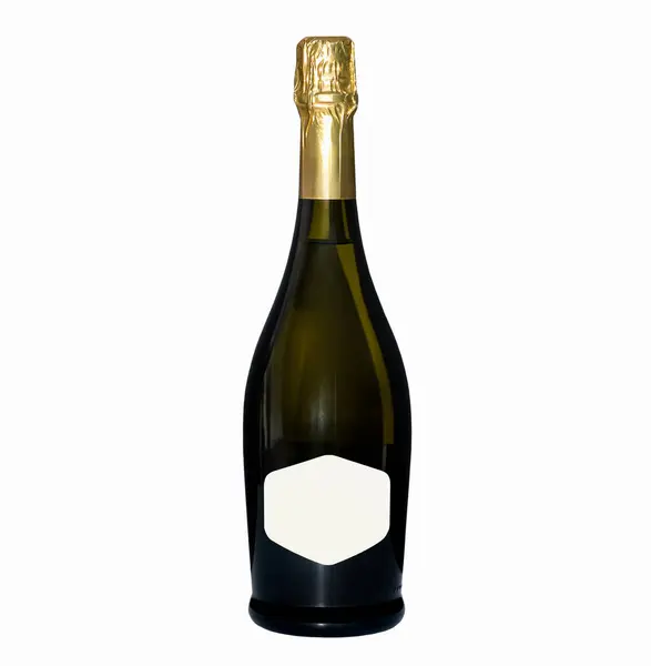 İzole edilmiş beyaz etiketli şampanya şişesi..