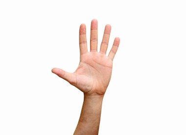  İzole edilmiş adamın eli beş parmak gösteriyor. İnsan eli. Elini aç..