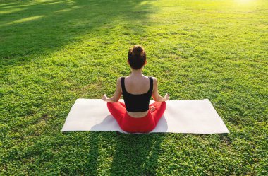 Nilüfer çiçekli poz veren, şehir parkında yeşil çimenler üzerinde meditasyon yapan sakin bir kadının arka görüntüsü..
