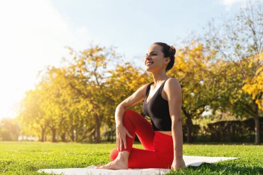 Formda ve sağlıklı bir kadın açık hava yogasından hoşlanıyor.