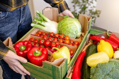 Farm grown fruits and vegetables in cardboard box. Woman unpacking her online order of organic and healthy vegetables.	