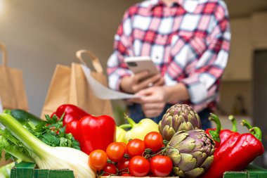 Çiftlikten masaya konsept. Para makbuzunun QR kodunu tarayan kişinin bulanık arka planındaki sebzeler