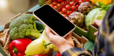 Çiftlikte yetişen organik sebzelerin üzerinde boş ekranlı akıllı telefon.