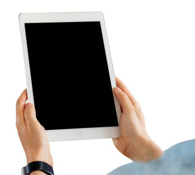 Kadının ellerinde boş ekran ile izole edilmiş dijital tablet
