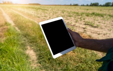 Çiftçi elinde boş ekranlı dijital tablet kırsal alandaki tarıma karşı.