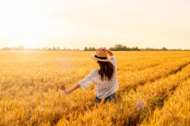 Hasır şapkalı bir kadın yazın altın saatinde buğday tarlasında yürüyor.