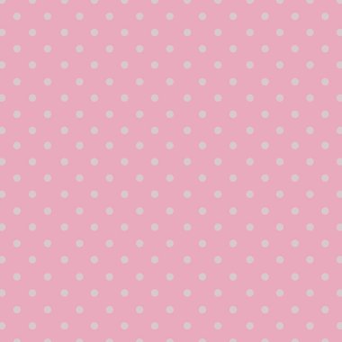 Seamless repeating polka dot spotty pattern with small white spots on a pale pastel pink background.