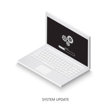Software update on laptop icon. Laptop with loading sign on the screen. Isometric laptop. System upgrade for your web site design, logo, app, UI. 