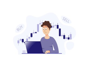 Stock market modern flat concept for web banner design. Male trader buys and sells on stock exchange, analyzes charts and statistics, invests money.