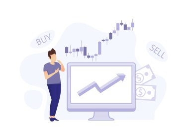 Web pankartı tasarımı için borsa modern düz konsept. Erkek tüccar borsada alım satım yapar, grafikleri ve istatistikleri analiz eder, yatırım yapar. İzole edilmiş insanlar görüntüsü