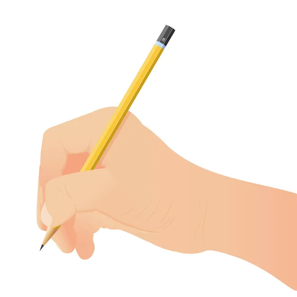黄色い鉛筆を持って手を握りなさい 白い背景手書きツールに隔離されています ベクターイラストレーター — ストックベクタ