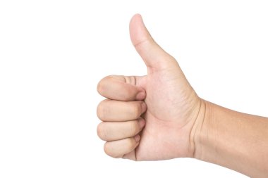 Closeup photo of male hand showing thumbs up sign isolated on white background. Clipping path clipart