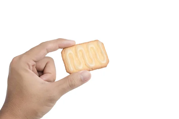 Hand Met Een Cracker Witte Achtergrond Uitknippad — Stockfoto