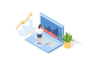 Büyük veri analiz konsepti. Kadın dizüstü bilgisayar başında duruyor ve istatistiksel verileri grafik ve grafik şeklinde okuyor. İş ilerlemesi. İzometrik vektör.