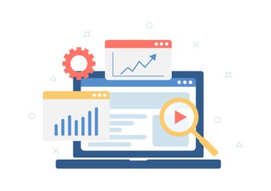 Veri analizi, dizüstü bilgisayardaki veri raporu, mali denetim araştırma analizi, analitik belge web raporu, istatistik değerlendirmesi. Vektör illüstrasyonu