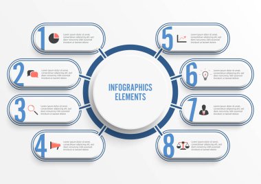 3 boyutlu kağıt etiketli vektör bilgi şablonu, entegre daireler. 8 seçenekli iş konsepti. İçerik, diyagram, akış şeması, adımlar, parçalar, zaman çizelgesi bilgileri, iş akışı, grafik.