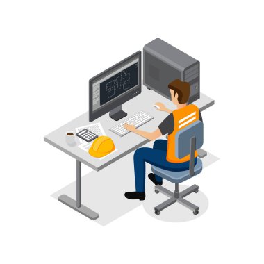 Mühendislik tasarım işyerinde çalışan bir adam bilgisayar programıyla çalışıyor. izometrik vektör çizimi