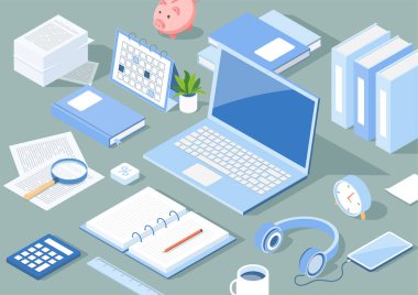 Isome öğrencileri eğitim malzemeleriyle masa başında çalışıyor. Laptop, Smartphone, Books, Calendar. Çizer vektörü.