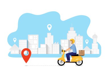 Online dağıtım konsepti ve kurye siparişi. Şoförlü kurye nakliyat konseptleri. İnternetten alışveriş konsepti. Çizer vektörü