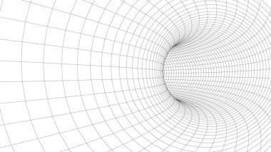 Fütürist beyaz huni. Telgraf çerçeveli uzay yolculuğu tüneli. Yüzey warp hızına sahip soyut mavi solucan deliği. Vektör illüstrasyonu.