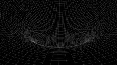 Fütürist siyah huni. Telgraf çerçeveli uzay yolculuğu tüneli. Yüzey warp hızına sahip soyut mavi solucan deliği. Vektör illüstrasyonu.