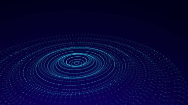Fütürist hareketli daire dalgası. Parlayan parçacıkların olduğu dijital arkaplan. Büyük veri görselleştirmesi. Vektör illüstrasyonu.