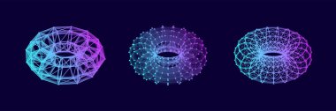 Renkli telli torus seti. Üç boyutlu geometrik formlar. İzole edilmiş gerçekçi bir model. Vektör izometrik şekiller.