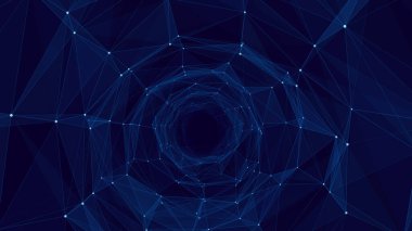 Hareket eden parlayan noktalardan oluşan siber tünel. Gelecekçi sonsuz uzay arkaplanı. Siber uzayda veri transferi kavramı. Yüksek teknolojili illüstrasyon. Vektör illüstrasyonu.