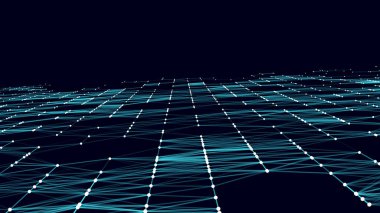 Soyut vektör perspektif ızgarası. Geçmişe dönük dijital arkaplan. Mavi arkaplanda tel çerçeveli dalga manzarası.