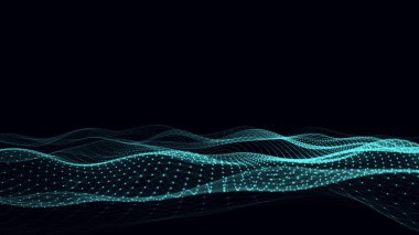 Mavi fütürist hareket eden dalga. Parlayan parçacıklar ve çizgilerle dijital arkaplan. Büyük veri görselleştirmesi. Vektör illüstrasyonu.