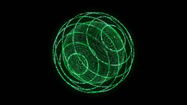 Noktalardan ve çizgilerden oluşan yeşil küre. Modern kablo elementleri. Teknoloji ağı küresi. 3d oluşturma.
