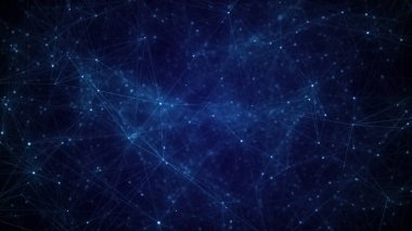 Ağ bağlantısı yapısı. Hareketli noktalar, çizgiler ve üçgenlerle soyut mavi arkaplan. Fütürist illüstrasyon. Dijital teknoloji tasarımı. 3d oluşturma