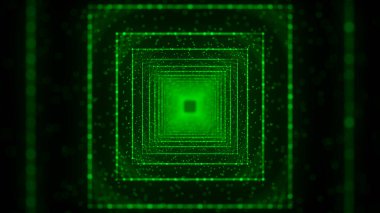 Cyber square tunnel consisting of moving glowing points. Futuristic infinite space background. Concept of data transfer in cyberspace. Hi-tech illustration. 3d rendering