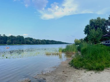 Güneşli bir günde Dnipro Bankası. Trukhaniv Adası Körfezi