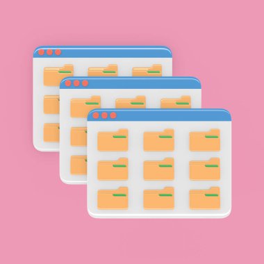 desktop interface windows cascade with folders simple cartoon ui 3d rendering