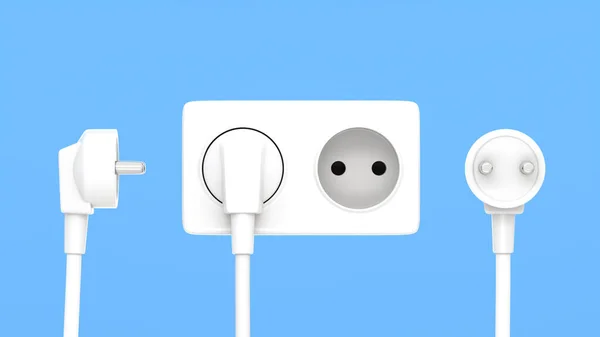 white power socket and electric plug european type c on blue background 3d render