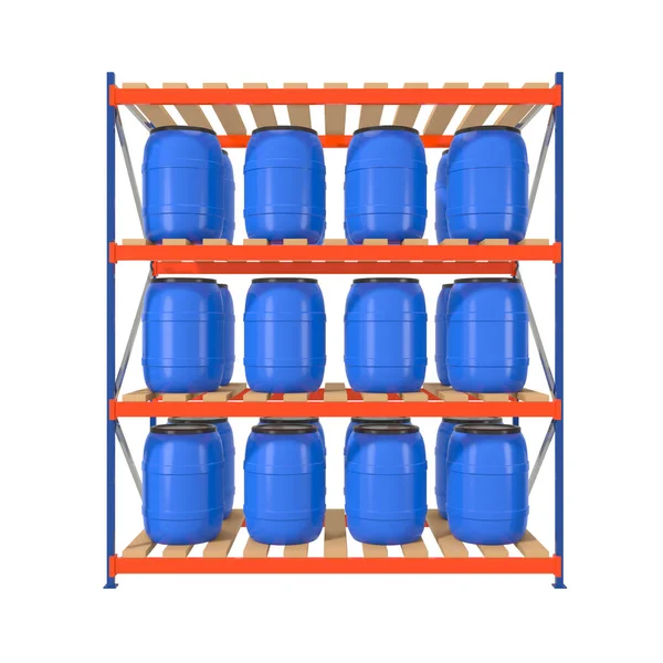 blue plastic water barrels on warehouse shelving storage on white background 3d rendering